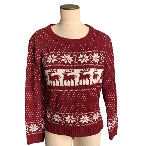 POL Sweater Burgundy & White Sz L Snowflake Reindeer Fair Isle Nordic #216H - Picture 2 of 8